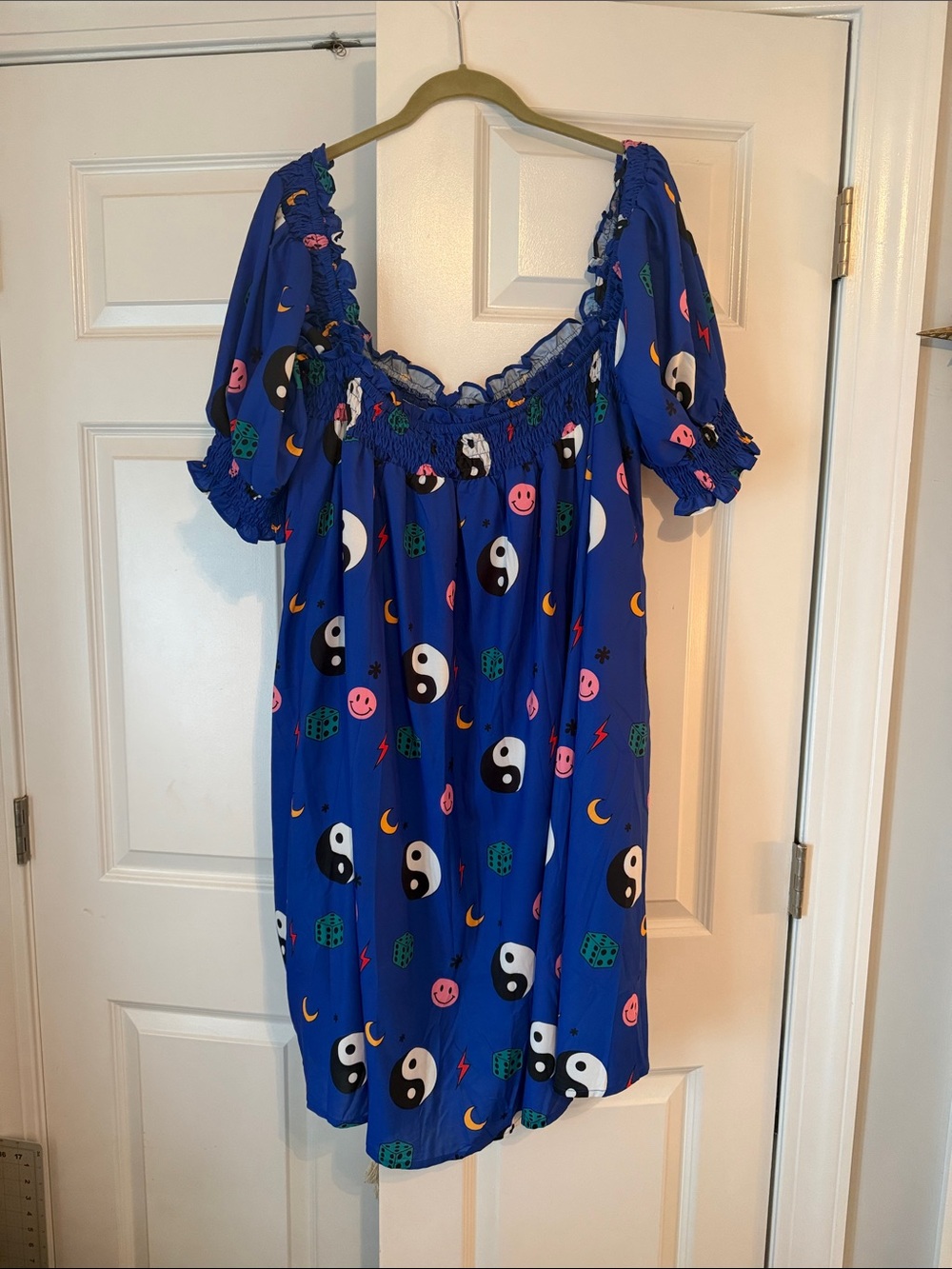 Dressed in LALA Royal Blue Off-Shoulder Sleep Chemise with Playful Motifs